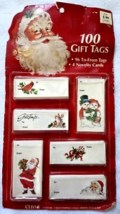 Vintage Christmas Gift Package Tags Santa Snowman 100 Pack Cleo Sealed NOS 1980s - Picture 1 of 5