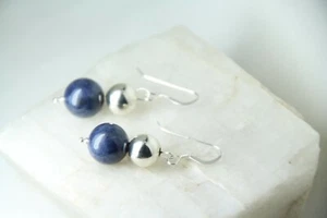 Sapphire Blue Natural Gemstone 10mm Ball .925 Sterling Silver Earrings 1 1/2" - Picture 1 of 5