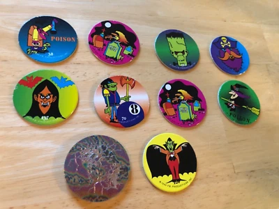 Halloween 8 Pog set + 1 extra dup PLUS OFFICIAL Trov Trouncer Plastic Slammer!  - Image 1 of 4