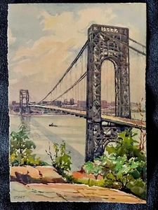 Nicolas Markovitch Vintage Aquarell Lithographie NYC - George Washington Bridge - Bild 1 von 5