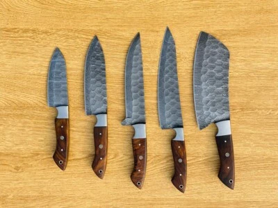 CUSTOM DAMASCUS STEEL 5 PCS forged  CHEF KNIFE SET WITH LEATHER ROLL BAG - Image 1 of 4