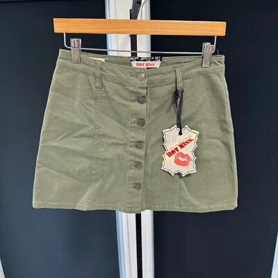 Y2k Style Hot Kiss Skylar Mini Skirt Small Flirty Fit Army Green Button up NWT - Image 1 of 4