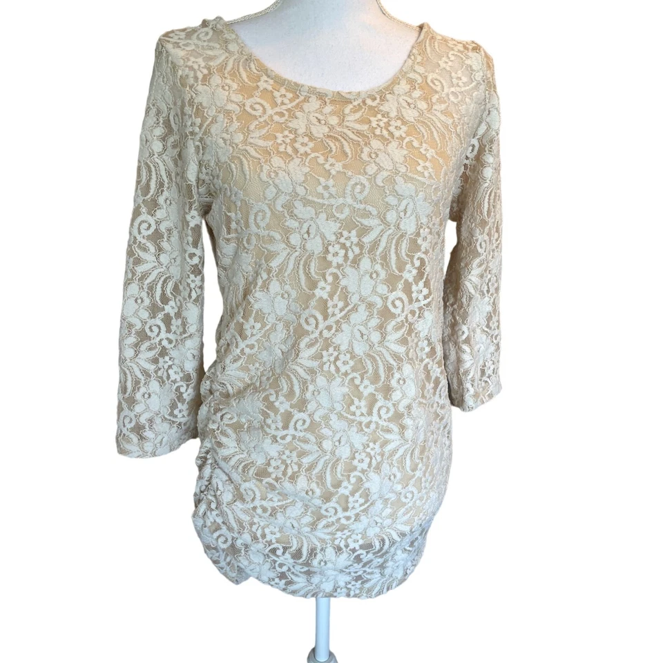 Jessica Simpson Maternity Lace Top Blouse Medium Beige 3/4 Sleeves - Image 1 of 4