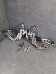 Vintage Victorian Ornate Cast Iron Wall Mount Sconce Oil Lamp Candle Holder Pair - Picture 1 of 21