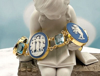 TAGLIAMONTE (2110B) 925SS/YGP Porcelain Cameo Bracelet*Bl.Topaz*3Graces*Reg.$600 - Image 1 of 4