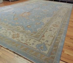 12x18 Oushak Oriental Rug BLUE Gold wool hand-knotted SOFT vintage-look LOVELY! - Picture 1 of 12