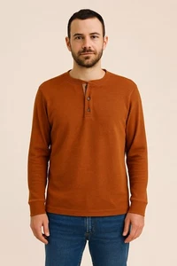 Members Mark Herren Orange Thermo Henley Waffel Langarm Komfort T-Shirt M - Bild 1 von 14