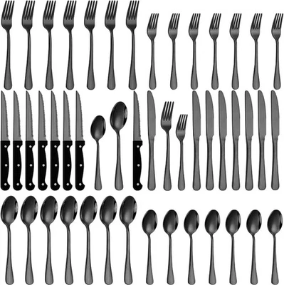48-Piece Black Silverware Set with Steak Knives Black Stainless Steel Flatware - Image 1 of 4