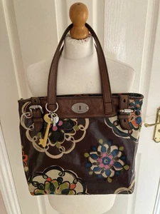 BEAUTIFUL FOSSIL KEY PER BAG OILCLOTH OIL SKIN GRAB TOTE SHOULDER GOOD CONDITION - Picture 1 of 11