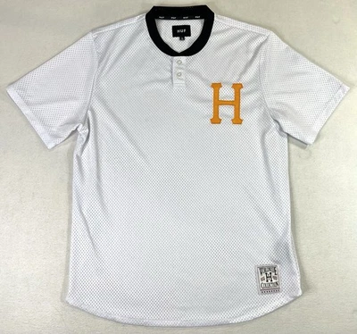 Camiseta de béisbol de malla Huf Worldwide Henley blanca negra amarilla para hombre patín grande Foto 1 de 4