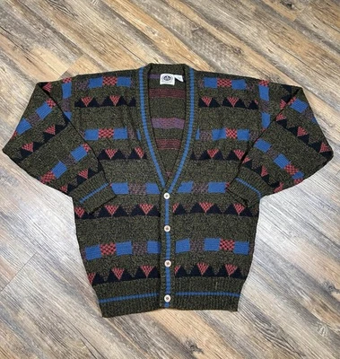 Brittany Bay Geometric Cardigan Sweater Mens M Grandpa 80's Embroidered Vintage - Image 1 of 4