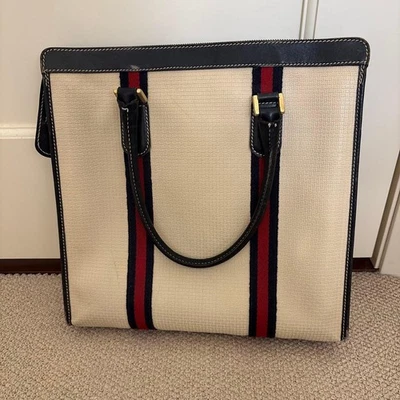 BALLY Vintage Striped Canvas Leather Tote Bag Beige Navy Red Used Japan - Image 1 of 4