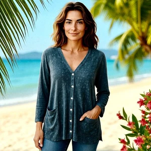 Logo by Lori Goldstein Strickjacke Pullover asymmetrisch transparenter Besatz Damen Medium - Bild 1 von 11