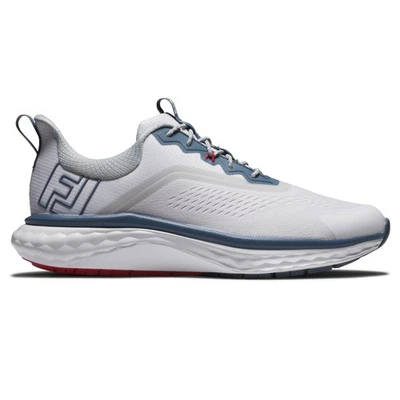 Novo Footjoy Golf FJ Quantum Spikeless Shoes WHT/BLU/VERMELHO 9 de largura (temporada anterior - Imagem 1 de 4