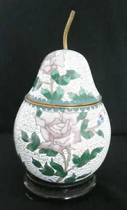 VINTAGE FLORAL CLOISONNE PEAR SHAPED ENAMEL LIDDED TRINKET BOX WITH STAND MINT - Picture 1 of 6