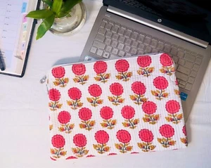 Block Print Quilted Laptop Sleeve 15.6 Lenovo ipad Macook Air Pro Case Pouch Bag - Picture 1 of 5