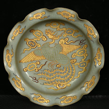 8.64" Marked Antique Old Chinese Ru Kiln Porcelain Dynasty Palace phoenix plate