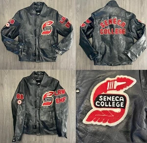 Vintage 80's 1986 SENECA COLLEGE Made In Canada Leather Bomber Jacket Black - Picture 1 of 11