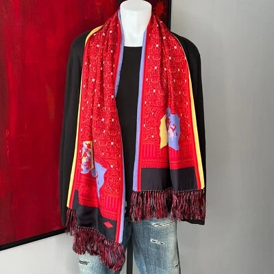 GIANNI VERSACE шелковая шерсть длинный шарф с бахромой Barocco, Medusa и флаги 1992/93 - Изображение 1 из 4