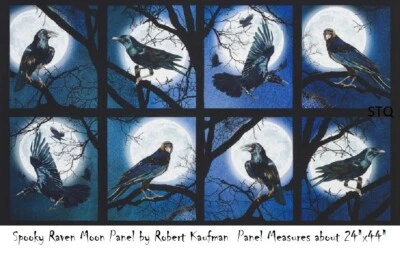 Raven Moon Panel 24x44" tela de edredón de algodón por Kaufman Spooky azul Halloween Foto 1 de 4