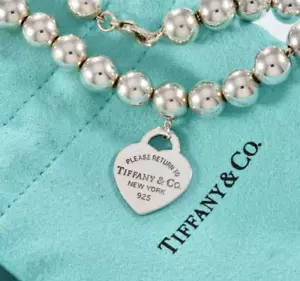 Please Return To Tiffany & Co Sterling Silver Heart Charm Bead Bracelet 7.5" - Picture 1 of 7