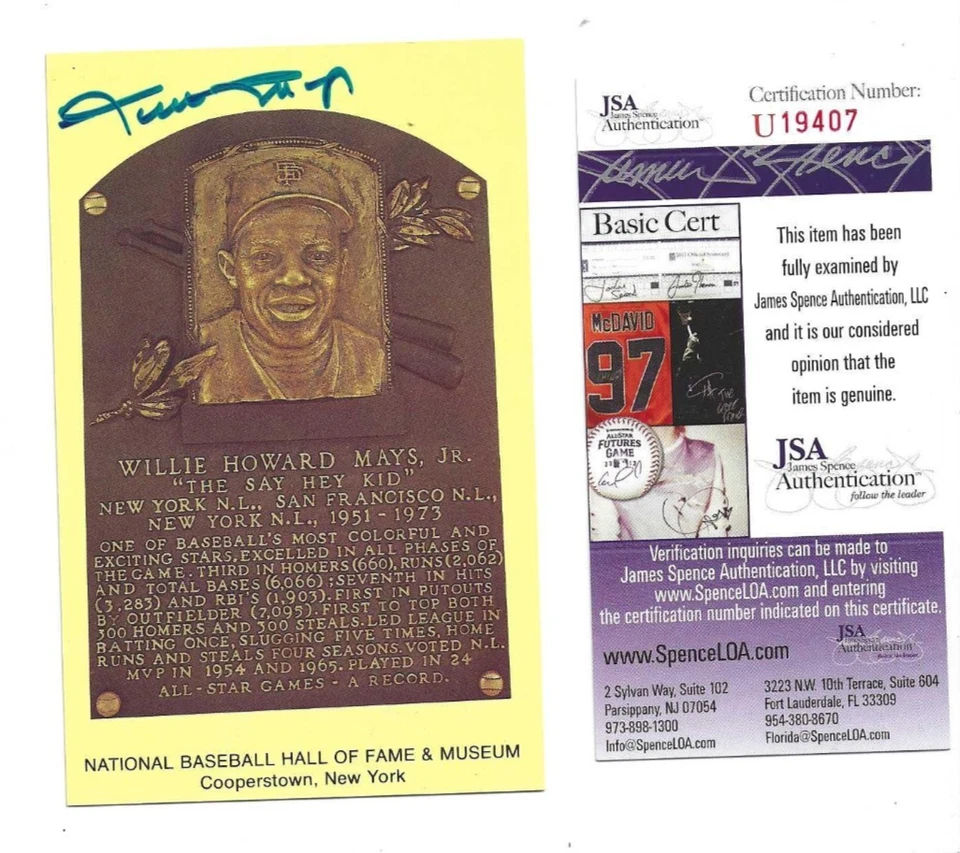 Willie Mays Autographed New York SF Giants Baseball HOF Plaque Postcard JSA COA - Image 1 of 1