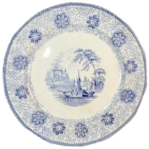 Ridgway Rhone Transferware Plate Blue Luncheon Sailboats People 1830-55 - Picture 1 of 9