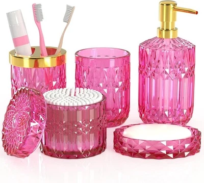 Hot-Pink Glass Bathroom Accessories Set 5 Pcs, Hot-Pink Bathroom Set, Soap Dispe - Image 1 of 4