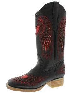 Rodeo Damenstiefel eckige Zehenpartie schwarz rot Herzflügel Botas Mujer Größe 5 - Bild 1 von 5