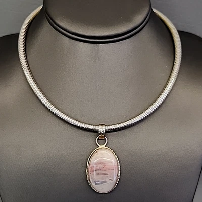 Gargantilla Colgante Ágata Plata de Ley 925 Piedra Rosa Omega Cadena 16" Foto 1 de 4
