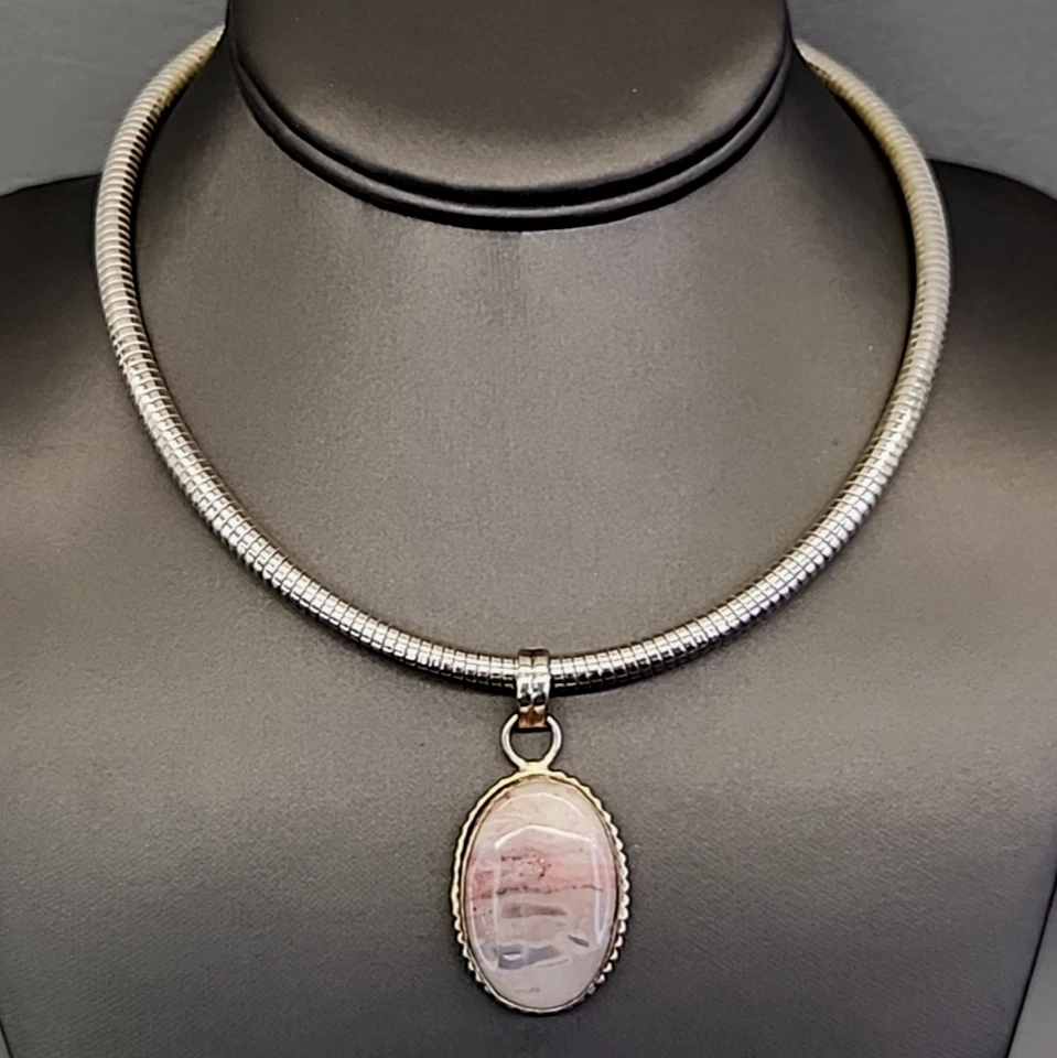 Gargantilla Colgante Ágata Plata de Ley 925 Piedra Rosa Omega Cadena 16" Foto 1 de 4