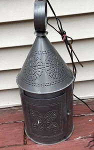 Vintage Large 22” Tinware Primitive Punched Tin Hanging Light Farmhouse Rustic - Picture 1 of 20