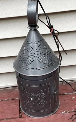 Vintage Large 22” Tinware Primitive Punched Tin Hanging Light Farmhouse Rustic - Image 1 of 4