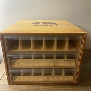 Vintage DMC Thread Floss Wooden Wood 3 Drawer Box Embroidery Storage W/ Dividers - Picture 1 of 10