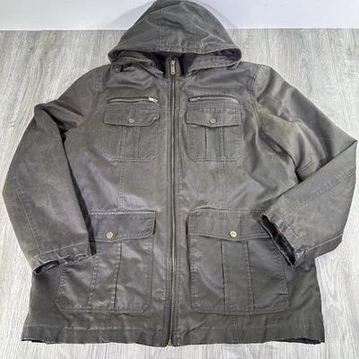 GUESS Men's Brown Faux Leather Jacket Hooded Sherpa Lined Size XL Snap Pockets - Image 1 of 4