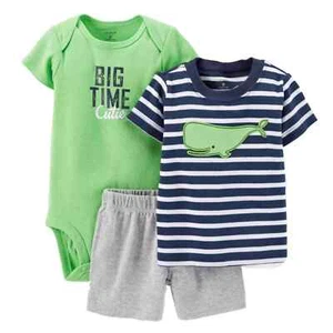 Carter's Infant Boys Blue 3 Piece Bodysuit Whale T-Shirt & Plaid Shorts NB - Picture 1 of 2