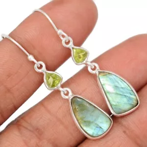 Natural Multi Fire Labradorite & Peridot 925 Silver Earrings Jewelry CE48261 - Picture 1 of 1