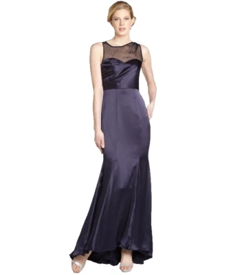 Vestido trompete ABS Allen Schwartz ~ azul marinho cetim e seda chiffon ilusão 10 NOVO $648 - Imagem 1 de 4