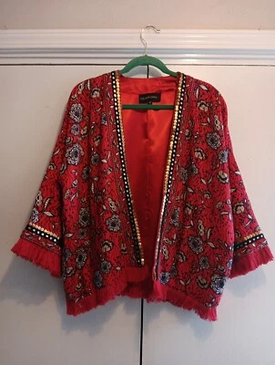 Colleen Lopez Red Floral Print Embellished Fringe Open Pockets Jacket Size XS - Image 1 of 4