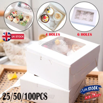 100PCS Made Windowed Window Cupcake Boxes 4,6 Holes Cup Cakes Muffin Box Gift UK
