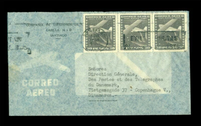 CHILE 1956 CORREO AÉREO - Cubierta comercial a Dinamarca (¿por KLM?)  franqueado con 30p x3 Foto 1 de 2