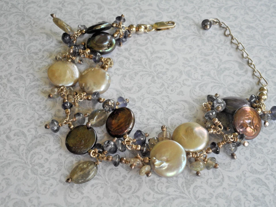 Brazalete de cuarzo amatista perla disco plata esterlina Sajen RE5939 Foto 1 de 4