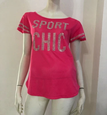 DENNY ROSE Maglia T-shirt traforata rosa rosa fucsia SPORT CHIC fluo strass Tg M - Immagine 1 di 4