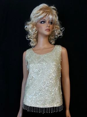 Camisa Top De Colección Años 50 60 Aleta Cuentas Crema Slvless Formal Fiesta de Vacaciones S-to SMed Foto 1 de 4