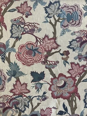 Indienne Jacobean Raspberry and Blue on Natural  by Thibaut Fabric 7 Yards Linen - Image 1 of 4