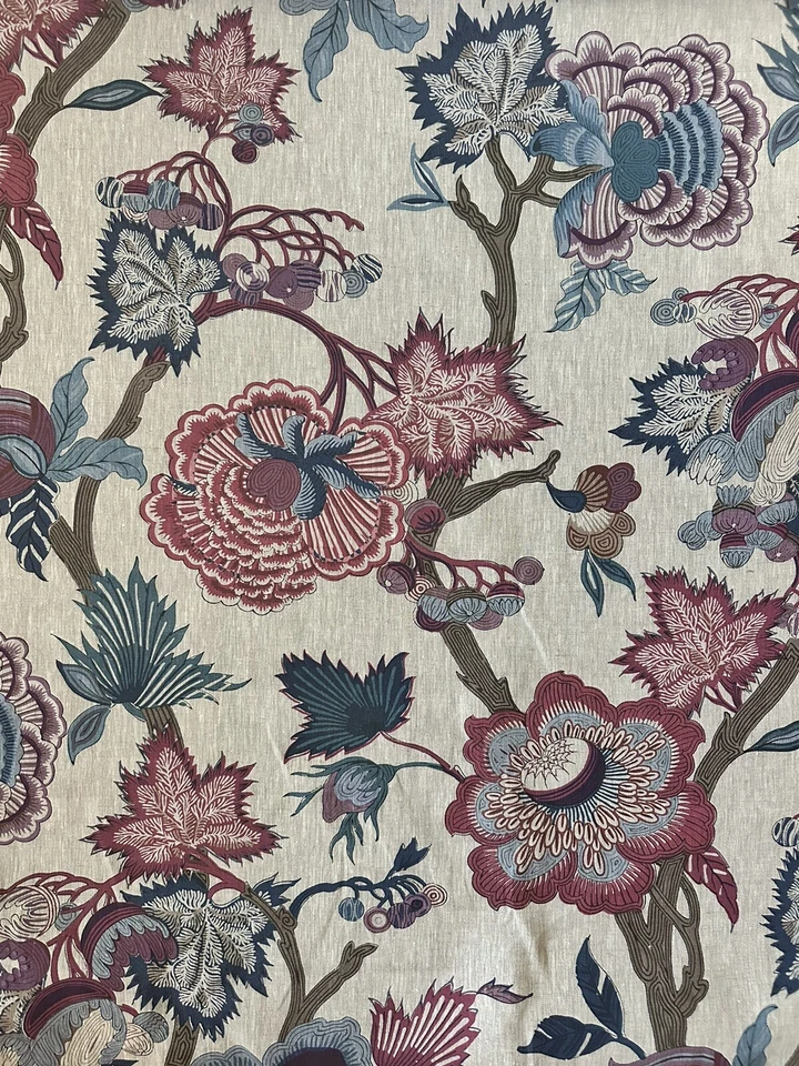 Indienne Jacobean Raspberry and Blue on Natural  by Thibaut Fabric 7 Yards Linen - Image 1 of 4