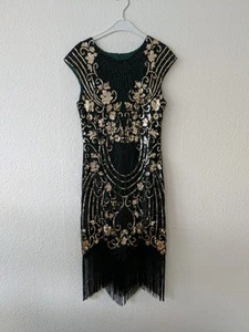 Vildree Mini Pailletten Kleid schwarz grün gold Größe S mit Fransen - Bild 1 von 8