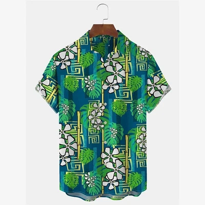 Camisa hawaiana de bambú tropical con estampado geométrico manga corta con botones para hombre Foto 1 de 3
