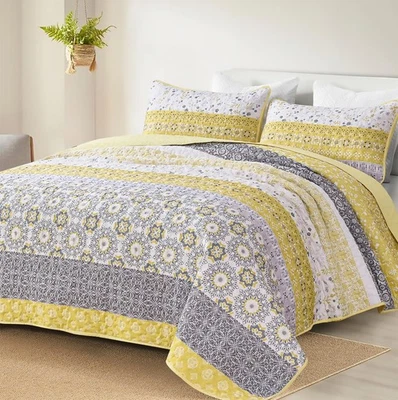 Boho Quilt Set King, Yellow Bohemian Striped Patchwork Bedspread Coverlet Set... - Image 1 of 4
