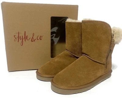 Style & Company 麂皮绒鞋面栗色靴 9 码人造毛皮衬里中筒全新带盒 — 第 1/4 张图片